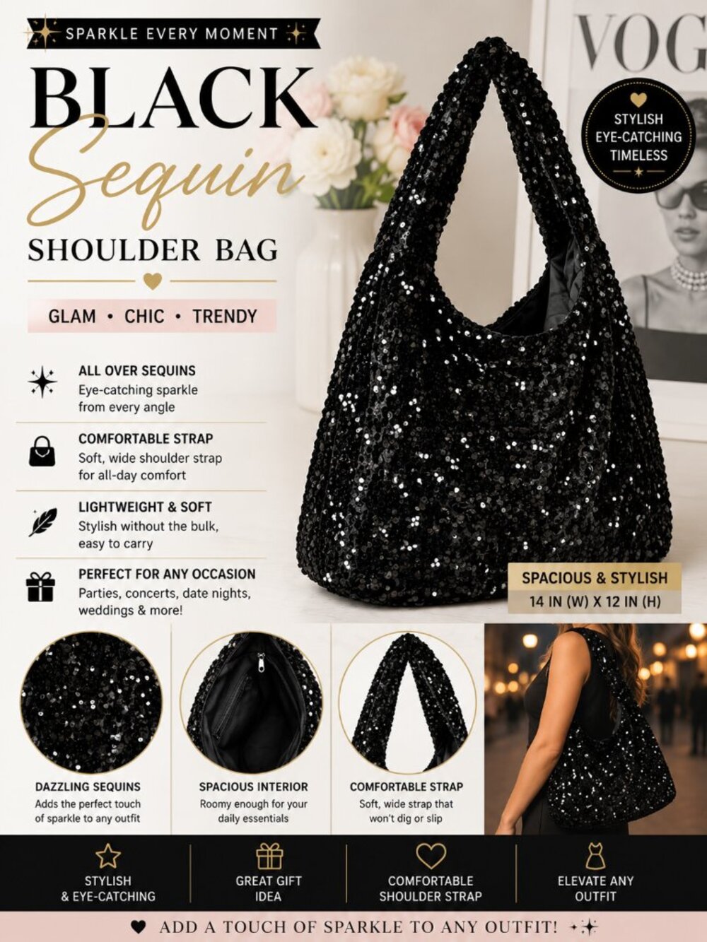 Black Sequin Shoulder Bag Sparkly Evening Purse Glam Party Handbag + Wallet